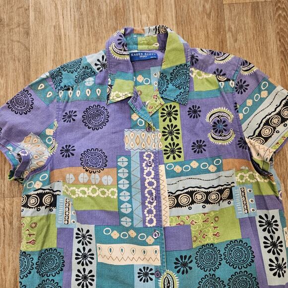 Vtg Karen Scott Floral Patchwork Button Up Top Womens PM Boho Retro Groovy Linen - Picture 2 of 8